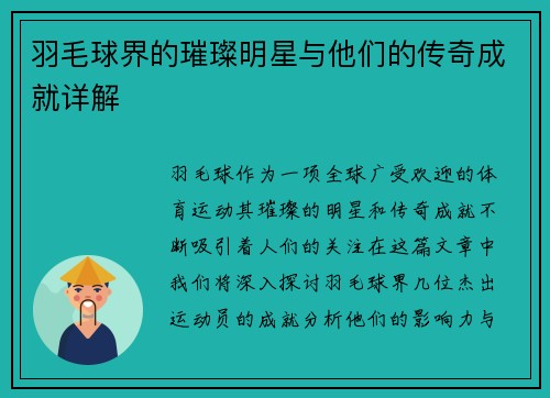 羽毛球界的璀璨明星与他们的传奇成就详解